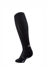 Schwarze, knielange Sportsocken mit strukturiertem Strickmuster, weißen Markenakzenten sowie verstärktem Fersen- und Zehenbereich.