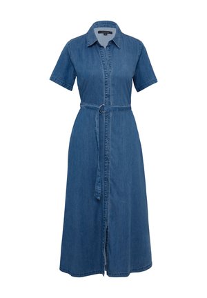 Denimkleid mit Kragen, kurzen Ärmeln, taillierter Passform und Knopfleiste; verfügt über einen langen, fließenden Rock in Mittelblau.