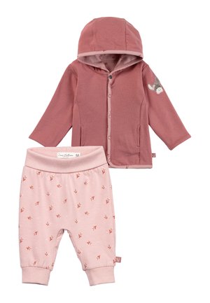 Two-piece baby outfit with a dusty rose hooded jacket featuring a small animal patch on the sleeve and soft pink pants with a subtle leaf pattern.