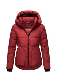 Red padded jacket with a hood, featuring a front zipper closure, elastic cuffs, and a rounded hem. Material has a smooth texture.
