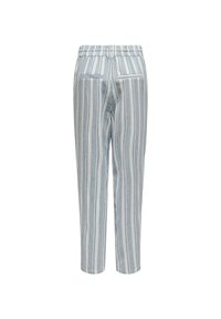 Pantalons rayés en bleu clair et blanc, avec une taille élastique et deux poches arrière. Confectionnés en tissu léger avec une coupe droite.