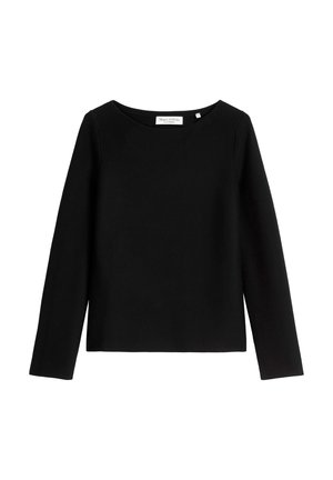 Zwarte longsleeve top van een stof met een gladde textuur. Heeft een ronde halslijn en een minimalistisch ontwerp zonder zichtbare patronen of accenten.
