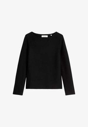 Schwarzes Langarmshirt aus einem Stoff mit glatter Textur. Verfügt über einen runden Ausschnitt und ein minimalistisches Design ohne sichtbare Muster oder Akzente.