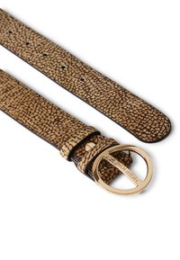 Leather belt with a textured brown pattern, gold circular buckle, and adjustable notches for sizing. Edges are neatly finished.