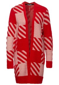 Langer roter und rosa Cardigan mit offenem Vorderteil, geometrischem diagonalen Streifenmuster und langen Ärmeln.