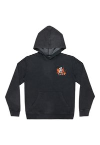 Černá bavlněná mikina s kapucí a přední kapsou, na hrudi s grafickým motivem postavy na kole uprostřed plamenů a se šňůrkovou kapucí.