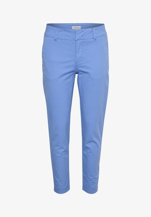 Világoskék pamut nadrág, slim fit szabásban, elülső zsebekkel, öltött derékrésszel és beszűkülő lábakkal. Sima textúra, minimális dizájnnal.