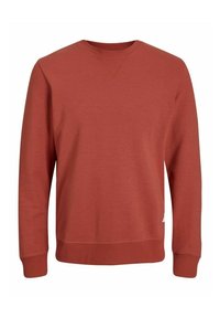 Sweatshirt à col rond à manches longues de couleur rouille, avec poignets et ourlet côtelés, design uni, et petite étiquette en tissu sur le côté inférieur.