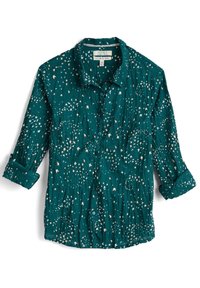 Chemise boutonnée bleu sarcelle avec une surface texturée, ornée d'un motif floral blanc et de manches retroussées. Fabriquée en tissu léger.