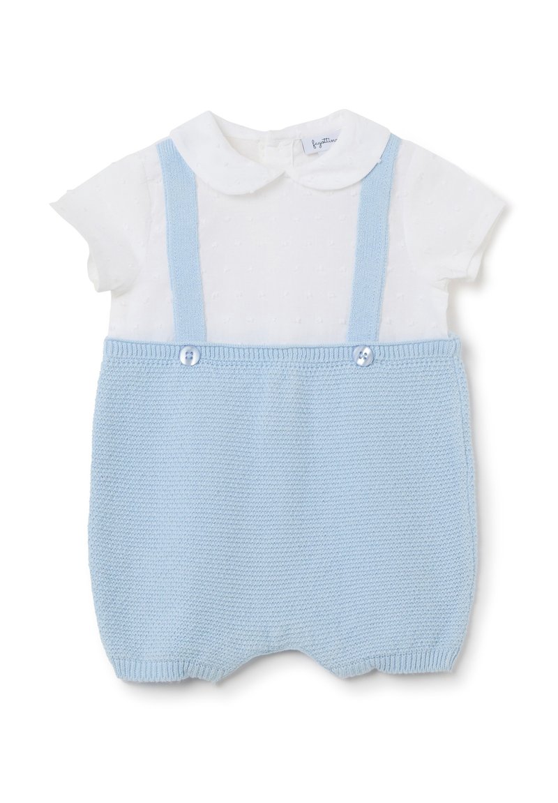 Romper de punto azul claro con camiseta de manga corta blanca texturizada, que presenta un collar tipo Peter Pan y detalles de botones en las tirantes de los hombros.