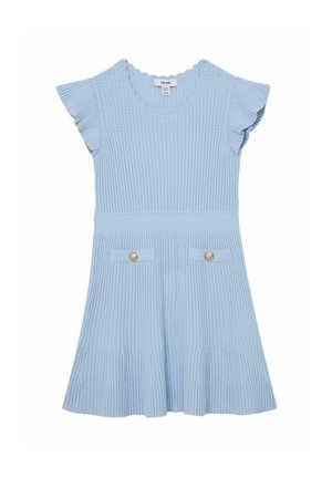 Vestito a coste azzurro chiaro con maniche corte svolazzanti, scollo tondo, vita aderente e due tasche frontali con bottoni dorati.