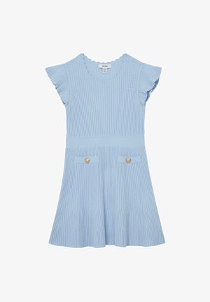 Vestito a coste azzurro chiaro con maniche corte svolazzanti, scollo tondo, vita aderente e due tasche frontali con bottoni dorati.