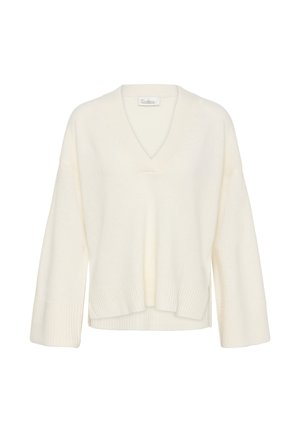 Maglione corto a maniche corte color crema con scollo a V e orlo a coste. Realizzato in materiale morbido, presenta un fit rilassato e squadrato con dettagli minimali.