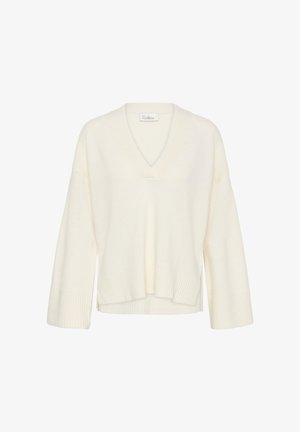 Kremowy sweter z krótkim rękawem, z dekoltem w kształcie V i prążkowanym wykończeniem. Wykonany z miękkiego materiału, z luźnym, pudełkowym krojem i minimalistycznymi detalami.