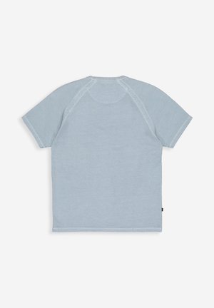 Light blue short-sleeve t-shirt laid flat showing back, with raglan sleeves and visible stitching on a white background.