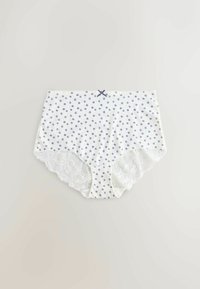 Culotte blanche taille haute à pois bleus, bordure en dentelle aux ouvertures des jambes et petit nœud bleu au centre de la ceinture.