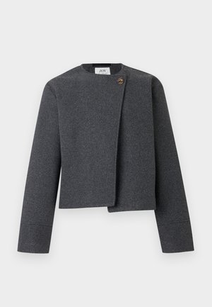 Gray cropped jacket in wool blend, featuring a round neckline, long sleeves, and a wooden button accent on the front closure.