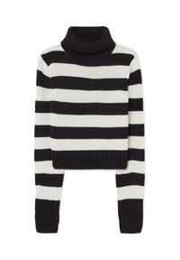 Gestreifter, schwarz-weißer, kurz geschnittener Pullover mit einem gerippten Rollkragen und langen Ärmeln. Sanfte Stricktextur mit breiten horizontalen Streifen.