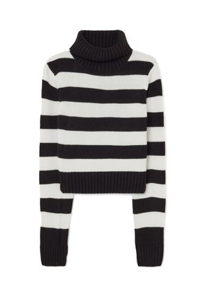Gestreifter, schwarz-weißer, kurz geschnittener Pullover mit einem gerippten Rollkragen und langen Ärmeln. Sanfte Stricktextur mit breiten horizontalen Streifen.