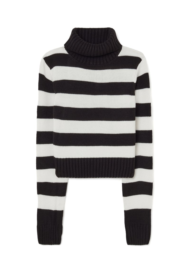 Gestreifter, schwarz-weißer, kurz geschnittener Pullover mit einem gerippten Rollkragen und langen Ärmeln. Sanfte Stricktextur mit breiten horizontalen Streifen.