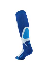 Calza compressiva blu con motivi geometrici bianchi e blu chiaro, design a punta, parte superiore a coste e suola testurizzata per maggiore aderenza.
