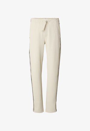 Cream-colored sweatpants made of soft fabric, featuring a drawstring waist and black side stripes along the length of the legs.