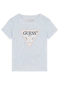 T-shirt bleu clair à manches courtes en coton bio. Présente un logo triangulaire noir et beige au centre avec un motif floral.