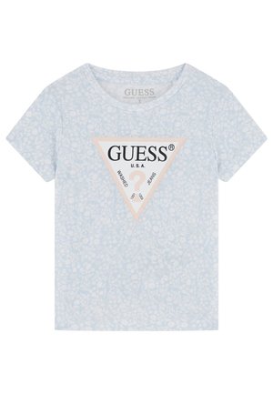 Svetlomodré tričko s krátkym rukávom vyrobené z organickej bavlny. V strede má trojuholníkové logo v čiernej a béžovej farbe s kvetinovým vzorom.