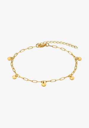 Goldfarbener Kettenarmband mit ovalen Gliedern und kleinen runden Anhängern, ausgestattet mit einem Karabinerverschluss und einer Verlängerungskette für die verstellbare Länge.