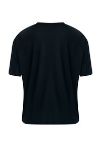 Schwarzes, kurzes T-Shirt mit kurzen Ärmeln, von hinten auf einem weißen Hintergrund gezeigt.