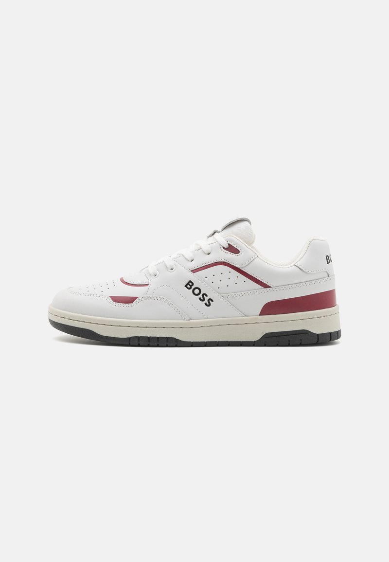 White leather sneakers featuring a burgundy accent stripe, perforated detailing, and black rubber outsole. "BOSS" logo on the side.