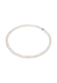White pearl necklace with round, smooth pearls arranged evenly. Features a simple silver clasp, showcasing a classic and elegant design.