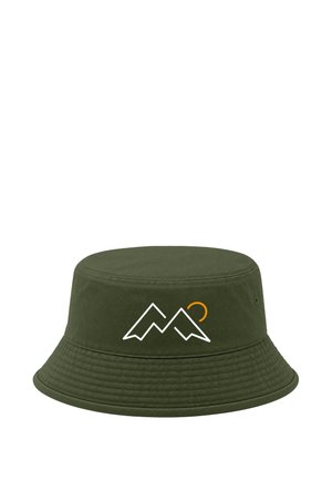 Dark green bucket hat with a white mountain outline and an orange semi-circle sun design on the front.