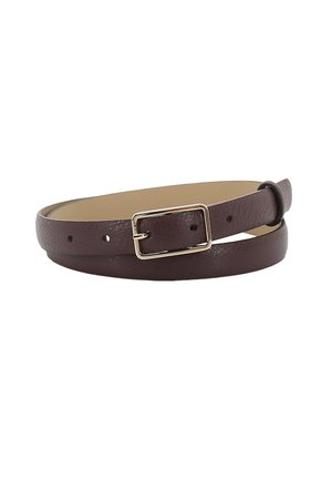 Dark brown leather belt with a rectangular gold buckle and multiple adjustment holes coiled on a white background.