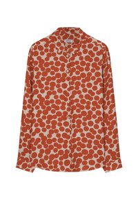 Camicia a maniche lunghe con bottoni di colore crema e un motivo circolare rosso, caratterizzata da un colletto classico e una texture del tessuto liscia.