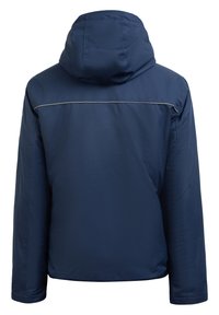 Veste à capuche bleu marine à manches longues avec une bande réfléchissante horizontale sur le haut du dos.