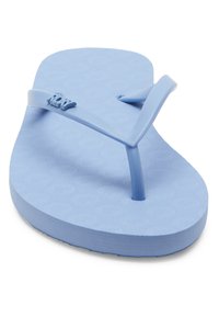 Light blue flip-flop with a textured surface, rubber material, and Y-shaped thong straps. Features embossed logo on the strap.
