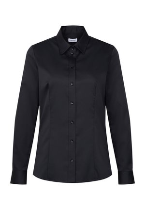 Blusa nera a maniche lunghe con bottoni frontali e colletto appuntito, realizzata in tessuto liscio, progettata per una silhouette aderente.