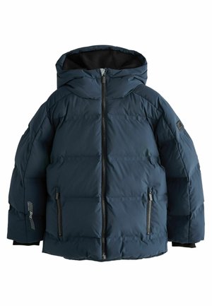 Veste d'hiver matelassée bleu foncé avec capuche, doublure intérieure noire, fermeture éclair sur le devant et poches latérales zippées.