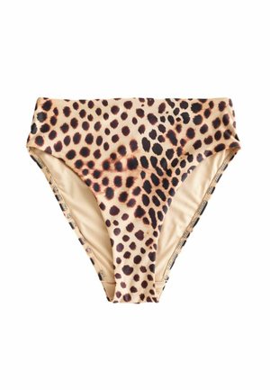 Leopardi-kuvioiset korkeavyötäröiset bikinit, joissa on beigevuori ja tummanruskeita sekä mustia täpliä vaaleanruskealla pohjalla.