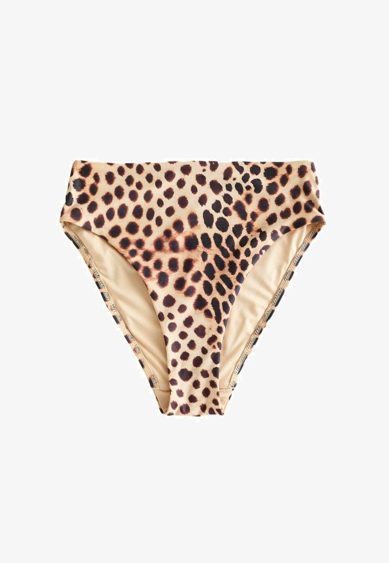 Bas de bikini taille haute à imprimé léopard avec doublure beige, présentant des taches brun foncé et noir sur un fond beige clair.