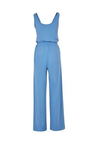 Blå jumpsuit med scoop-hals, vide benbukser og elastisk linning. Laget av myk, lett stoff for komfort.