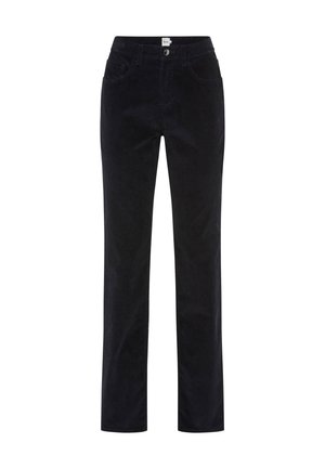 Pantalons en velours côtelé noir avec une coupe droite, dotés de cinq poches et d'un fermeture à bouton à l'avant. Texture lisse et tissu doux.