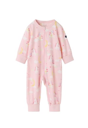 Roze baby jumpsuit met eenhoorn-, maan-, ster- en wolkenpatronen, lange mouwen, ritssluiting aan de voorkant en geribbelde manchetten.