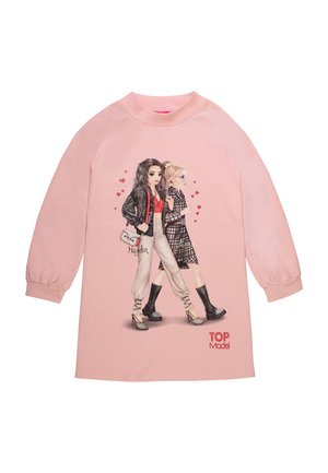 Rosa Langarmkleid mit zwei illustrierten Figuren, eine in einer schwarzen Jacke und die andere in einem karierten Mantel, umgeben von Herzgrafiken.