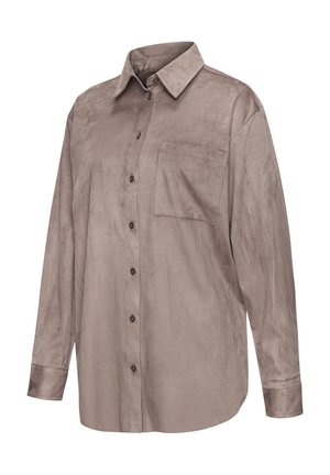 Beige long-sleeve shirt in soft fabric, featuring a button-down front, a chest pocket, and a classic collar. Smooth texture with subtle sheen.