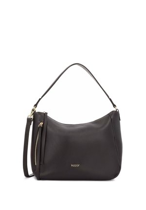 Sac à bandoulière en cuir noir avec détail de fermeture éclair dorée, bandoulière amovible et nom de la marque "kazar" au centre avant.