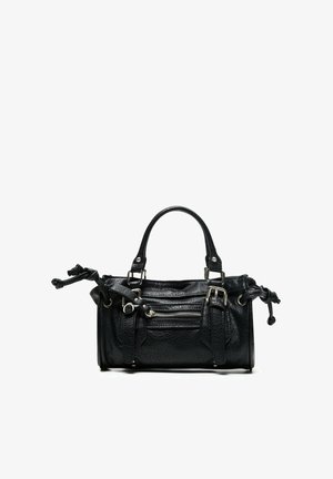 Sac à main en cuir noir avec deux poignées, poche avant zippée, détails de boucle et côtés à cordon noué sur fond blanc.