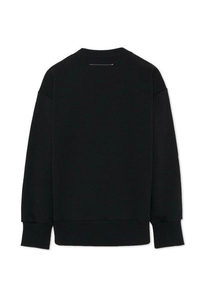 Sweat-shirt noir à manches longues avec col ras-du-cou et poignets et ourlet côtelés, vu de dos sur un fond blanc.