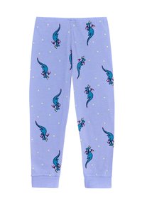 Lila Schlafanzughosen mit einem verspielten Muster aus blauen Drachen mit rosa Flügeln, akzentuiert durch gelbe Sterne. Weicher, dehnbarer Stoff mit elastischen Bündchen.